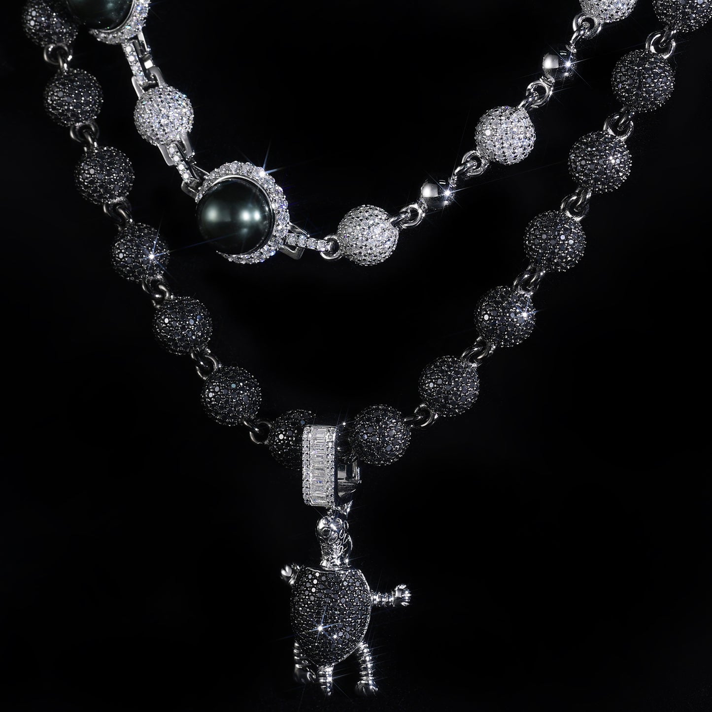 Iced Out Turtle Pendant with Black & White Ball Chain