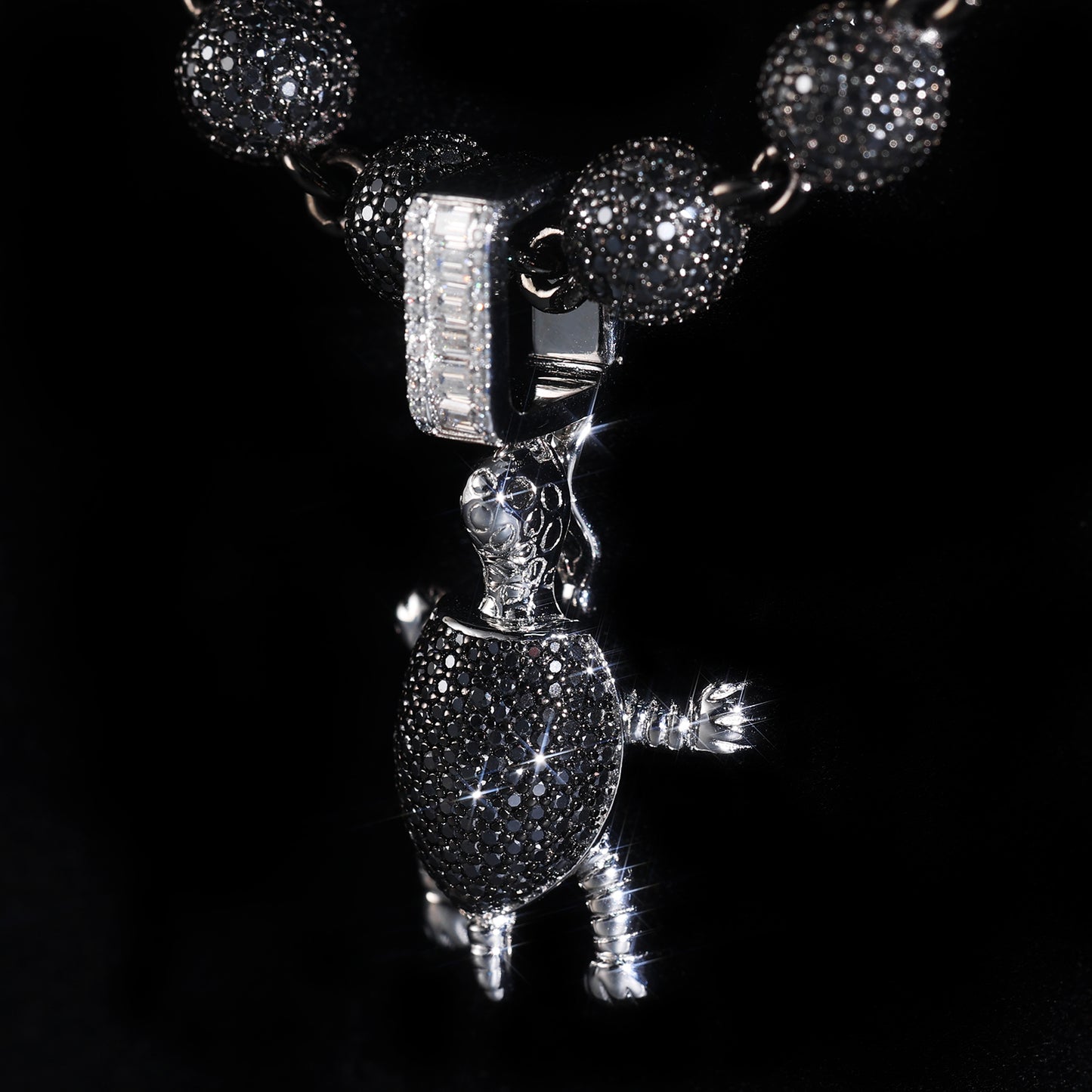 Iced Out Turtle Pendant with Black & White Ball Chain