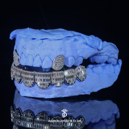 Custom Silver Men Grillz – Iced Out Baguette Diamond Teeth Jewelry