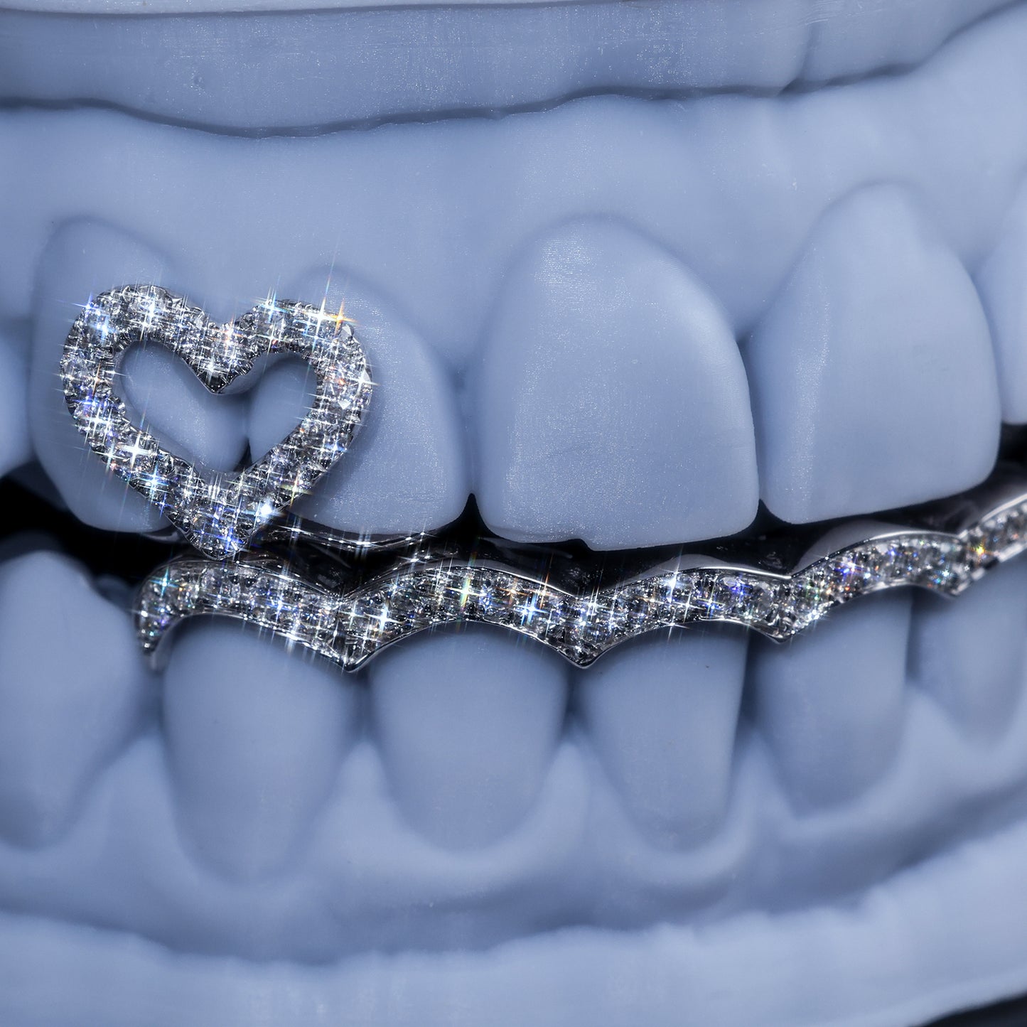 Custom Iced Out Heart & Wave Grillz Set | Hip Hop Bling