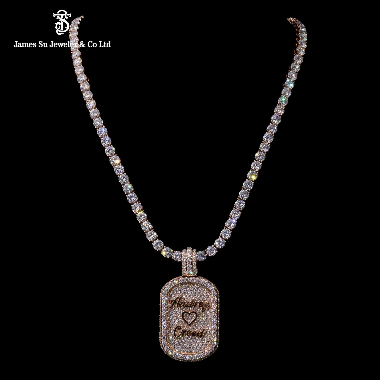 Custom Rose Gold Name Pendant | Iced Out Audrey Creed Heart Tag