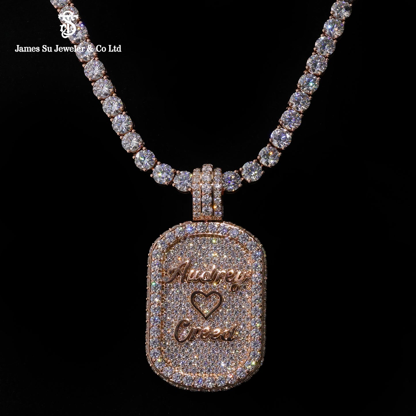 Custom Rose Gold Name Pendant | Iced Out Audrey Creed Heart Tag