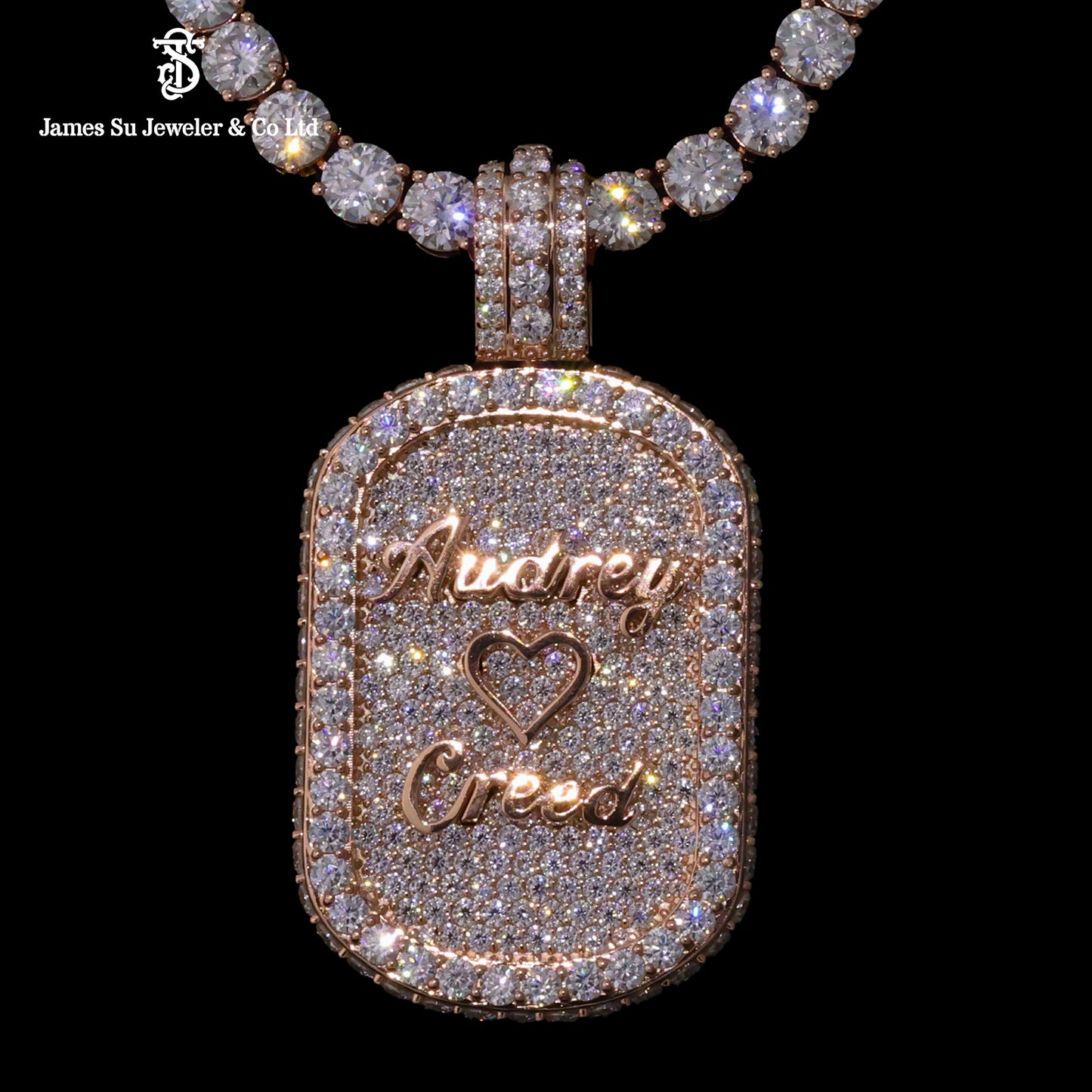 Custom Rose Gold Name Pendant | Iced Out Audrey Creed Heart Tag