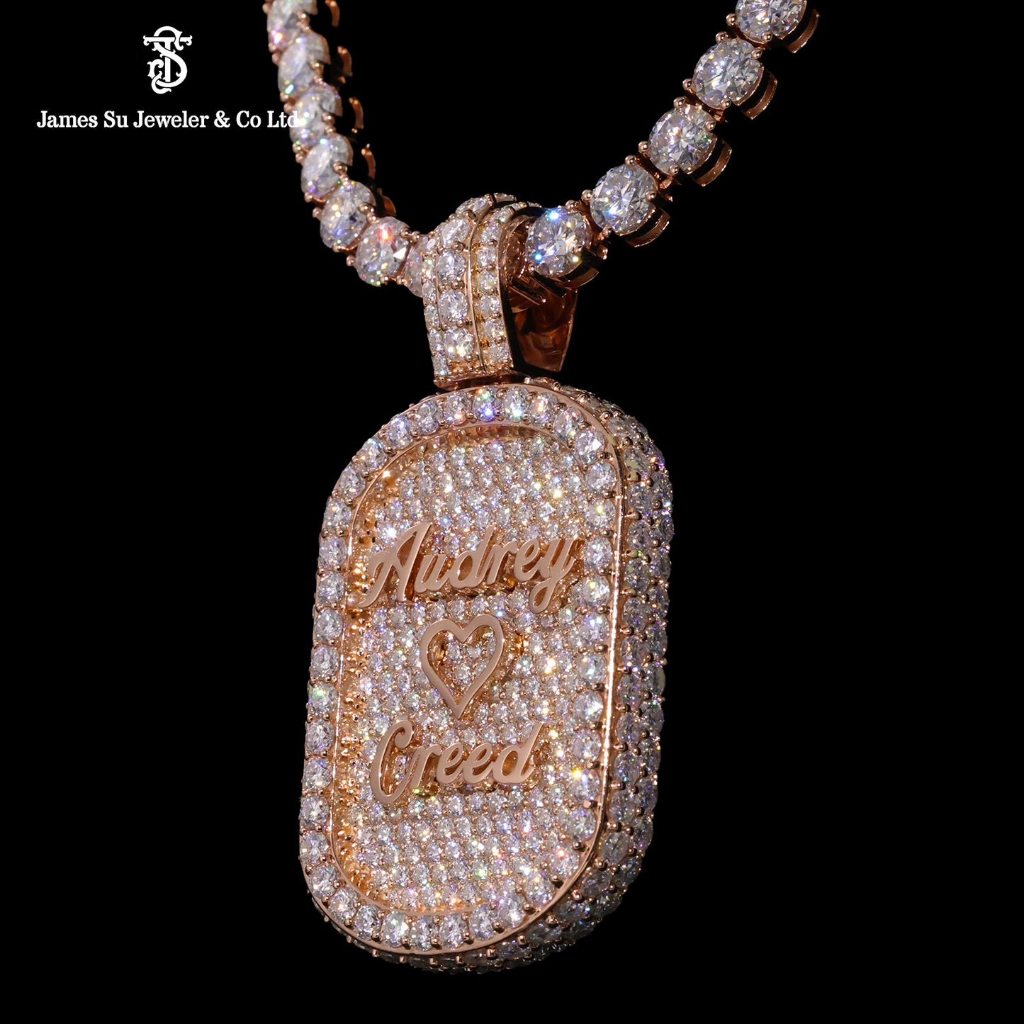 Custom Rose Gold Name Pendant | Iced Out Audrey Creed Heart Tag