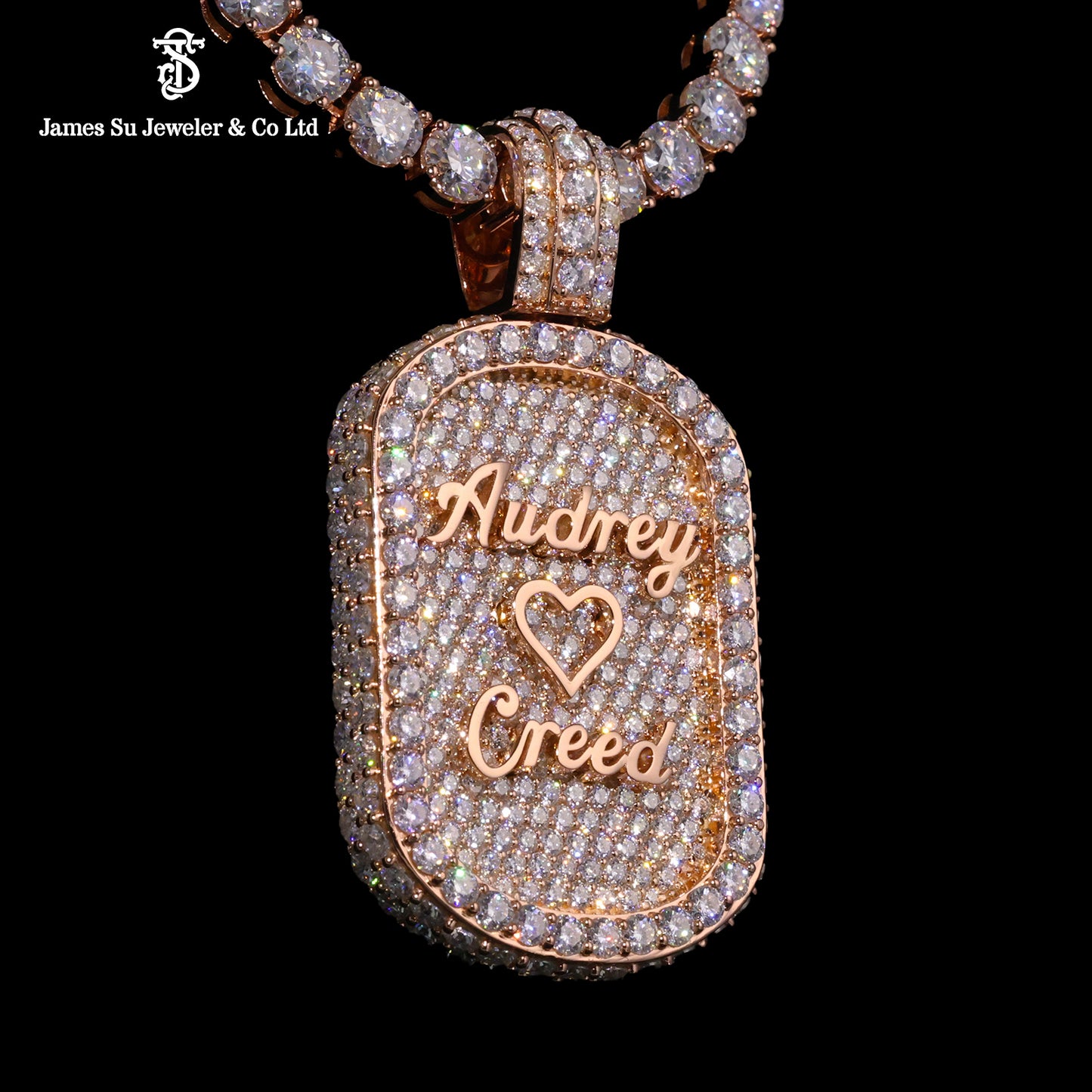Custom Rose Gold Name Pendant | Iced Out Audrey Creed Heart Tag