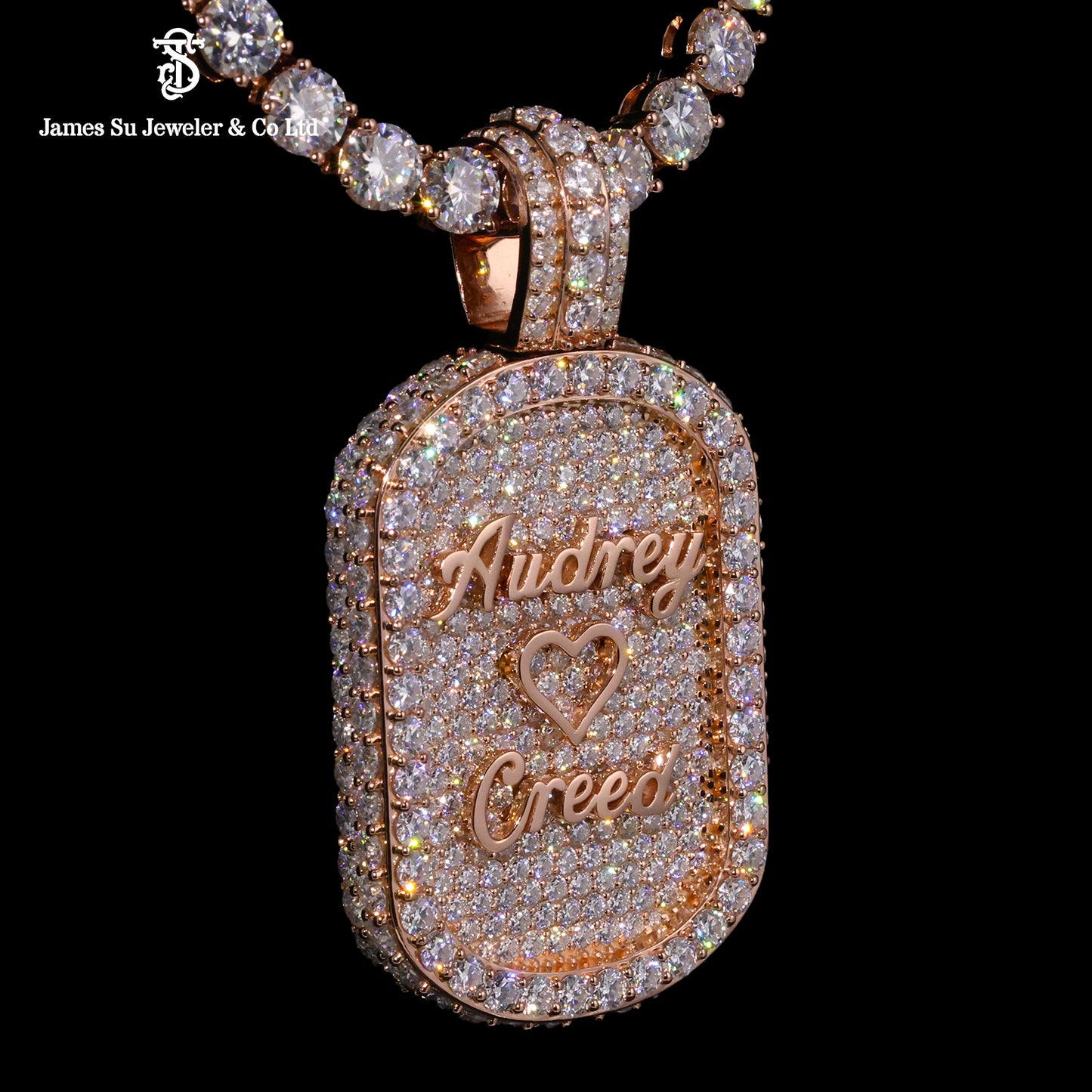 Custom Rose Gold Name Pendant | Iced Out Audrey Creed Heart Tag