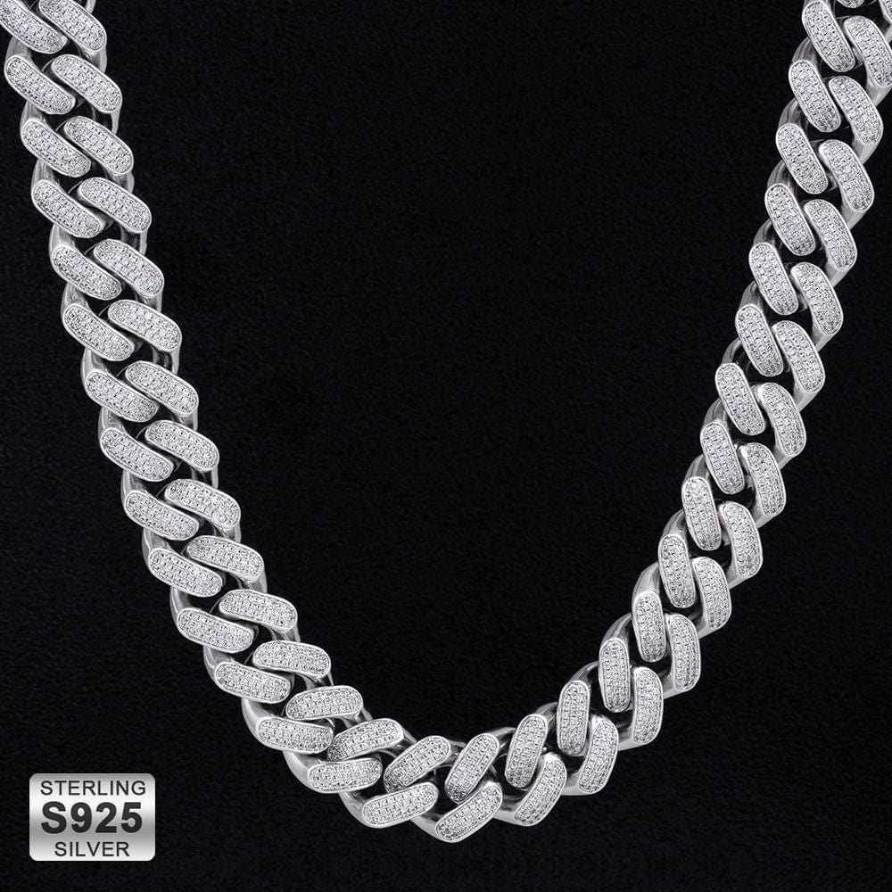 S925 Sterling Silver Iced Out Diamond Cuban Link Chain 18mm in White Gold