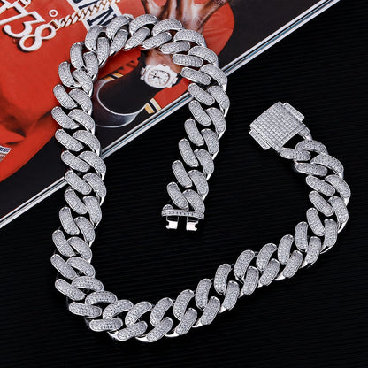S925 Sterling Silver Iced Out Diamond Cuban Link Chain 18mm in White Gold