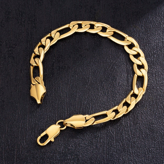 Wholesale Figaro Bracelet Stainless Steel 9mm 6-side Link Chain 18k Gold Plated