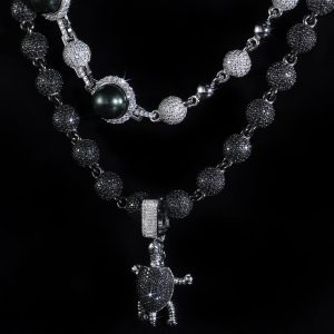 Iced Out Turtle Pendant with Black & White Ball Chain