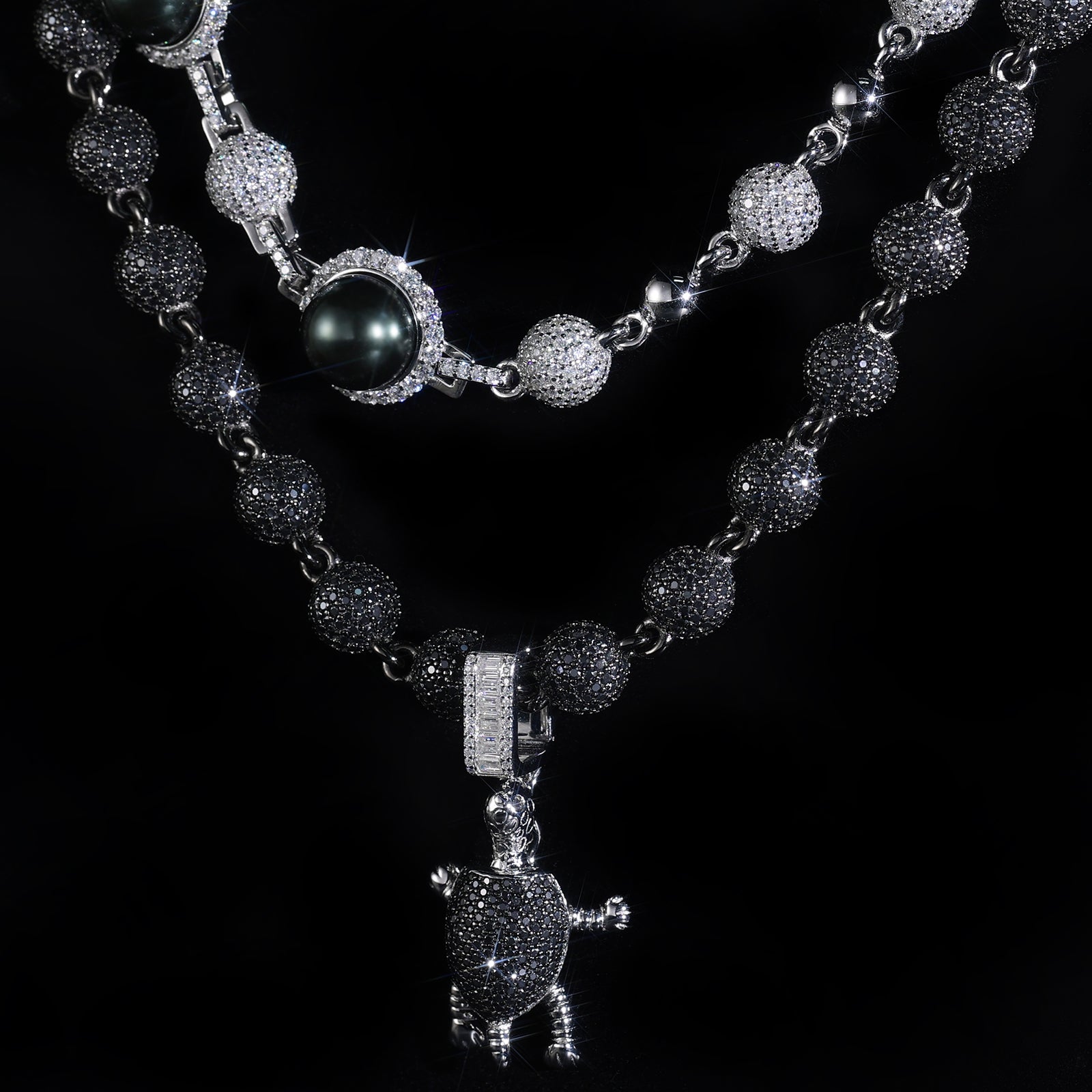 Iced Out Turtle Pendant with Black & White Ball Chain